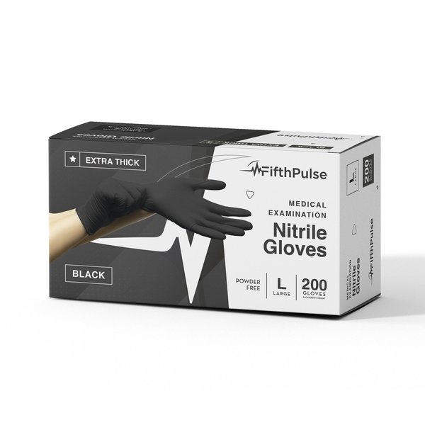 Fifthpulse FMN1004, Nitrile Disposable Gloves, 4.5 mil Palm, Nitrile, Powder-Free, L, 200 PK, Black FP-N-200-L-BLK-4.5